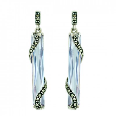 Marcasite Earring 32X4mm Lv Cubic Zirconia Rectangular with Wavy Lines