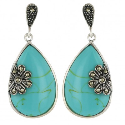 Marcasite Earring Faux Turquoise Tear Drop with Marcasite Flower