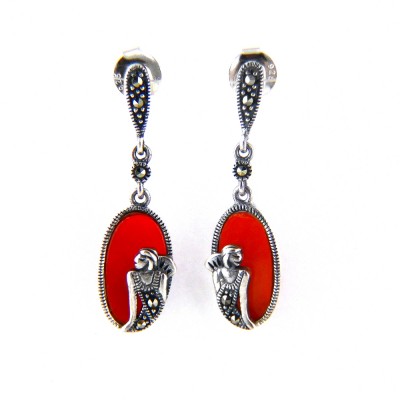 Marcasite EARRING 17X9MM RED CARNELIAN LADY PORTRAIT DANG-2M-1787C