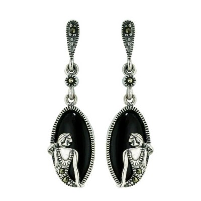 Marcasite Earring 17X9mm Onyx Lady Portrait Dangle