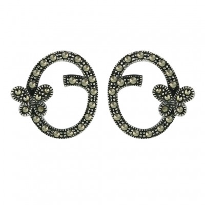Marcasite Earring Open Pave Marcasite Oval with Butterfly Side+Oxidize