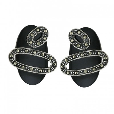 Marcasite Earring 26X14mm Onyx Oval with 2 Open Pave Marcasite Round