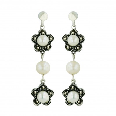 Marcasite Earring Double 5mm+ 6mm White Fresh Water Pearl Ctr with Pave Marcasite Fl