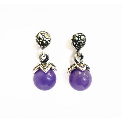 Marcasite Earring Marcasite Round Top with 7mm Purple.Jade Ball Dangling
