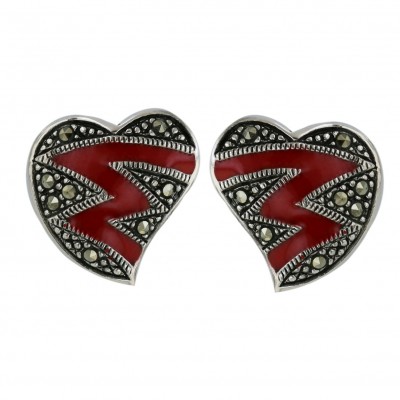 Marcasite Earring (W=15mm) Red Enamel+Marcasite Zig-Zag Lines Heart P