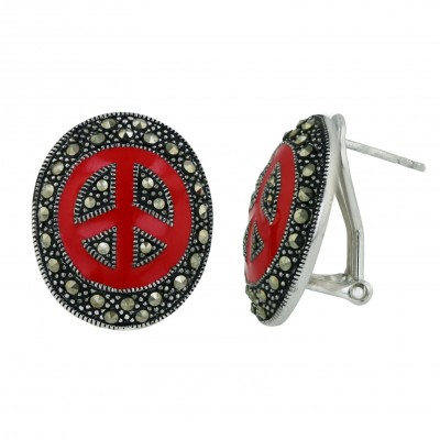 Marcasite Earring 22X16mm Red Enamel Peace Symbol Oval with Om