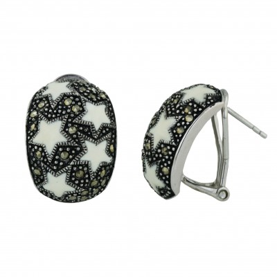 Marcasite Earring 21X16mm Dome with 5 White Enamel Star+Omega