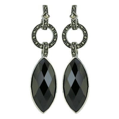 Marcasite Earring 24X12mm Black Cubic Zirconia Marquis Chess Cut with Open Pav