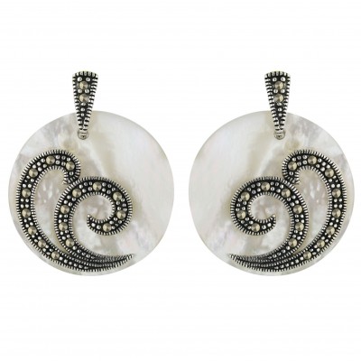 Marcasite Earring 25X25mm White Mother of Pearl Round with Pave Marcasite Double S
