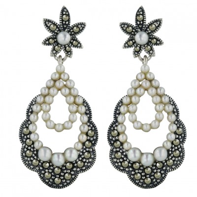 Marcasite Earring Marcasite+Dbl Layer White Fresh Water Pearl Open Tear Drop Dangle