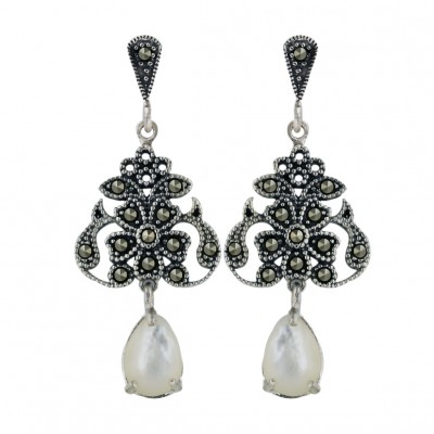 Marcasite Earring Flowery Top+White Mother of Pearl Tear Drop