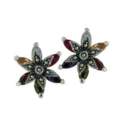 Marcasite Earring 6 Marquis Champagne,Garnet, Olivine,Amethyst,Fs,Lv Cubic Zirconia Petal Flower