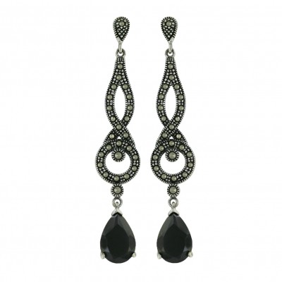 Marcasite Earring 12X8mm Black Cubic Zirconia Tear Drop with Open Pave Marcasite Danglin