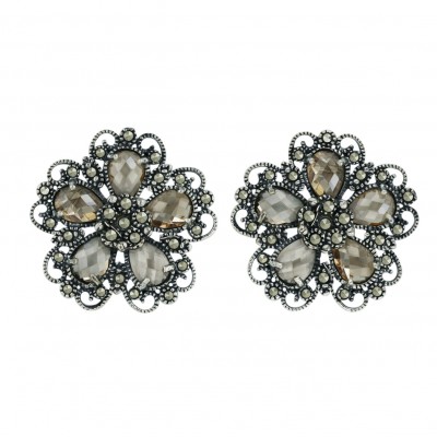 Marcasite Earring 5 Champagne Cubic Zirconia Chess Cut Flower Petals