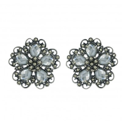 Marcasite Earring 5 Clear Cubic Zirconia Chess Cut Flower Petals