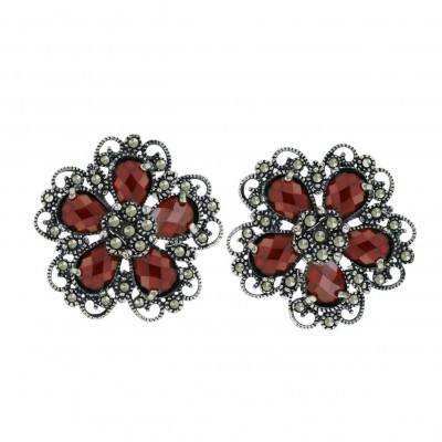 Marcasite Earring 5 Garnet Cubic Zirconia Chess Cut Flower Petals
