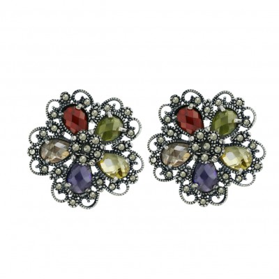 Marcasite Earring 5 Amethyst+Garnet +Olivine+Champagne+Citrine Cubic Zirconia Chess Cut Flower Petals