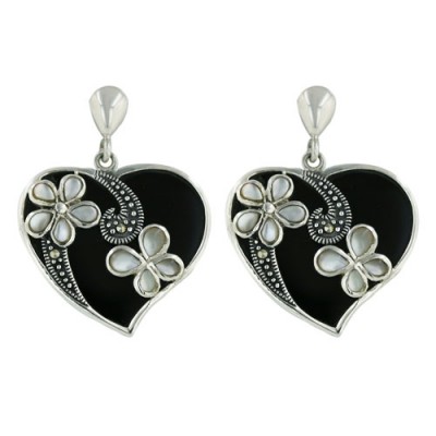 Marcasite Earring 25mm Onyx Heart with White Mother of Pearl Flwrs+Pave Marcasite