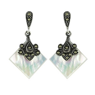Marcasite Earring 18X18mm White Mother of Pearl Rhombus with Flower Motif To
