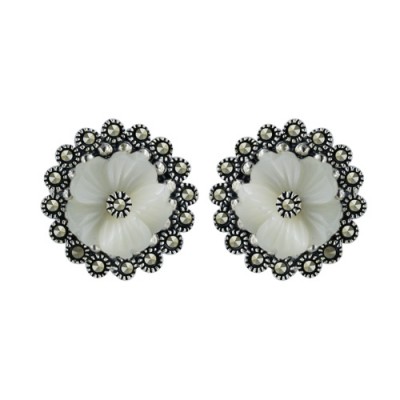 Marcasite Earring White Mother of Pearl Flower with Marcasite Bezel