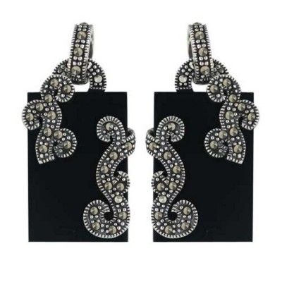 Marcasite Earring 22X14mm Onyx Rectangular Flatbase with Pave Marcasite Fili