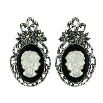 Marcasite Earring 26X15mm White Mother of Pearl Lady Cameo with Onyx Oval+P