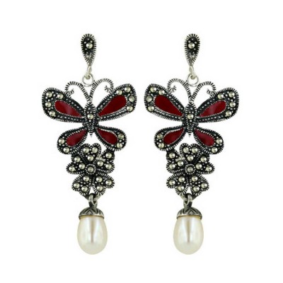 Marcasite Earring 41X21mm Red Transparent Epoxy Butterfly with