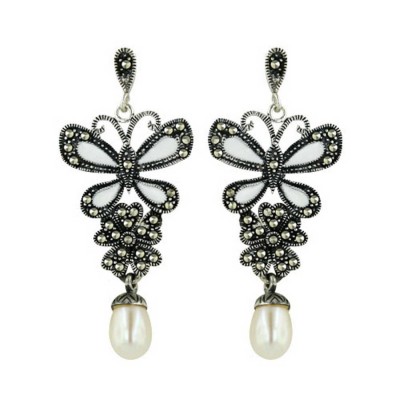Marcasite Earring 46X21mm White Opaque Epoxy Butterfly with Pav