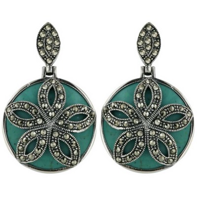 Marcasite Earring Reconstructed Turquoise Round with Pave Marcasite Flower