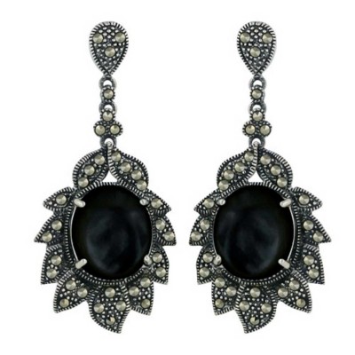Marcasite Earring 14X12mm Onyx Cabochon with Pave Marcasite Flower Petal