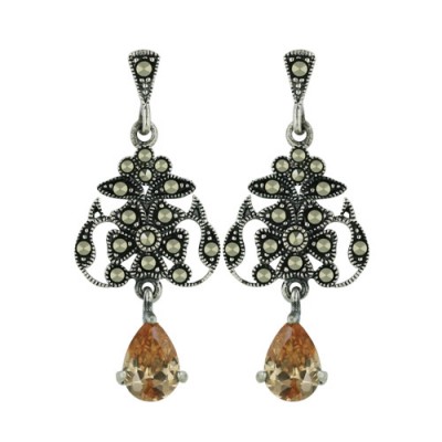 Marcasite Earring Champagne Cubic Zirconia Tear Drop Dangling with Pave Marcasite Flowery Top