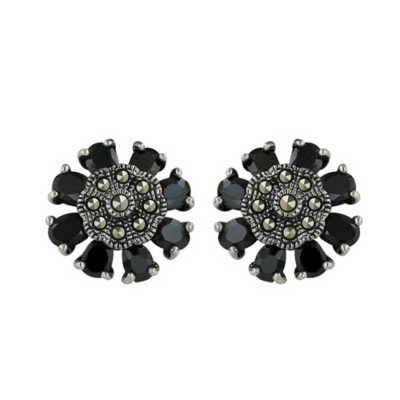 Marcasite Earring Flower Shape with Black Cubic Zirconia Petals 4mm/3
