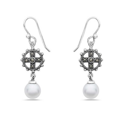 Marcasite Earring with Cross with Dangle Fresh Water Pearl