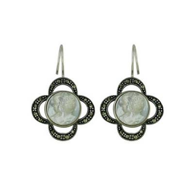 Marcasite Earring Open Flower with 12.25mm Round Mother of Pearl Cameo with