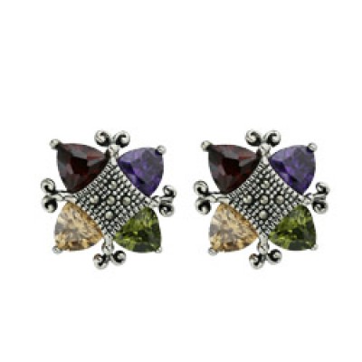 Marcasite Earring 4 Triangular Multicolor Color Cubic Zirconia with Marcasite Center-1