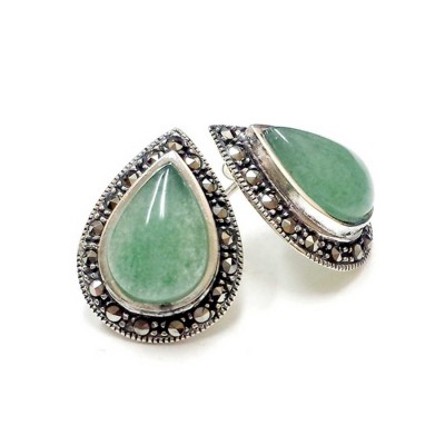 Marcasite Earring Tear Drop Green Aventurine