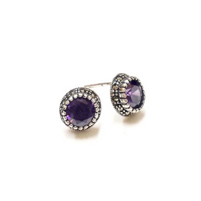 Marcasite Earring 7mm Amethyst Cubic Zirconia Marcasite Bezel Stud