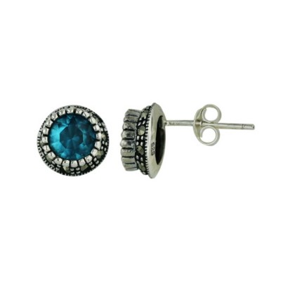 Marcasite Earring 7mm Synthetic Aquamarine Bezel Stud