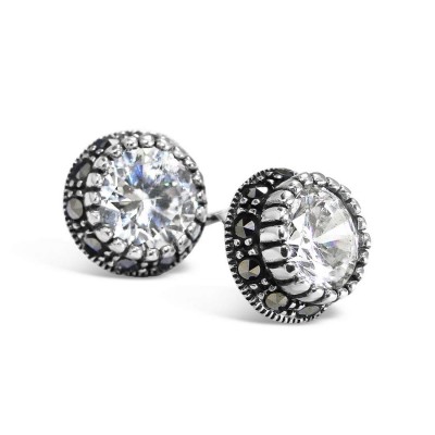 Marcasite Earring 7mm Clear Cubic Zirconia Marcasite Bezel Stud