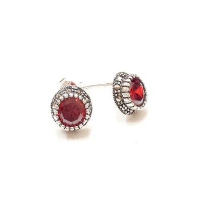 Marcasite Earring 7mm Garnet Cubic Zirconia Marcasite Bezel Stud