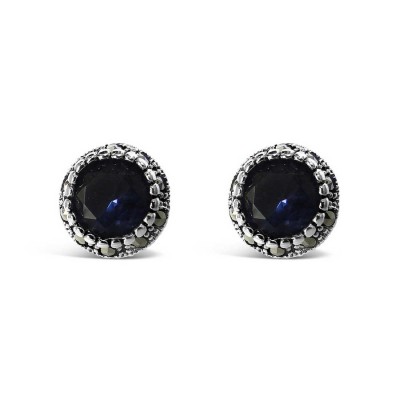 MARCASITE EARRING 7MM TANZANITE GLAS MARCASITE BEZEL STUD