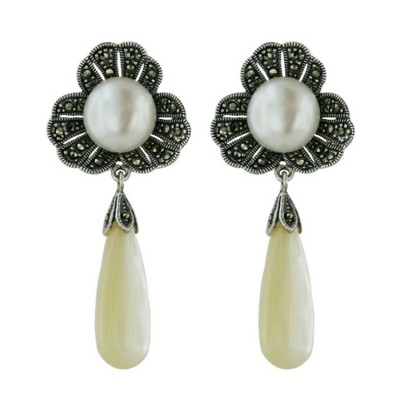 Marcasite Earring Flower with Fp Mother of Pearl Dangle