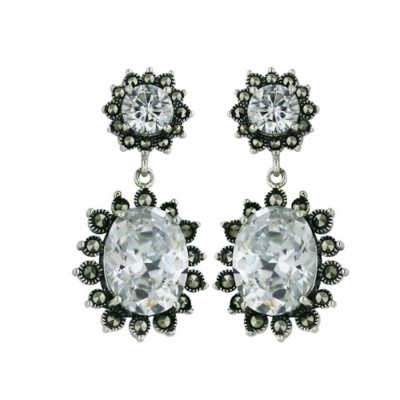 Sterling Silver Earring Clear 6mm Rd Post 10X13 Oval Dangle