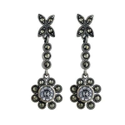 Marcasite Earring 5mm Clear Cubic Zirconia Flower Dangle on Marc. Line