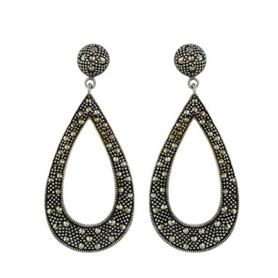 Marcasite Earring Plain Open Teardrop Top Dome Dangle