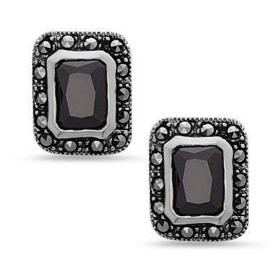 MARCASITE EARRING BLACK CUBIC ZIRCONIA RECTANGLE CUBIC ZIRCONIA CENTER