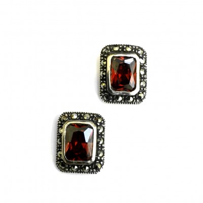 Marcasite Earring Rectangle Garnet Cubic Zirconia Center