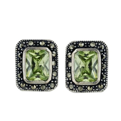 Marcasite Earring Light Green Rectangle Cubic Zirconia Center