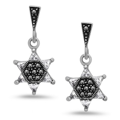 SS Earring David Star Clear Cz & Marcasite Center, Clear