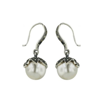 Marcasite Earring 12mm Pearl with Marcasite Flower Cap